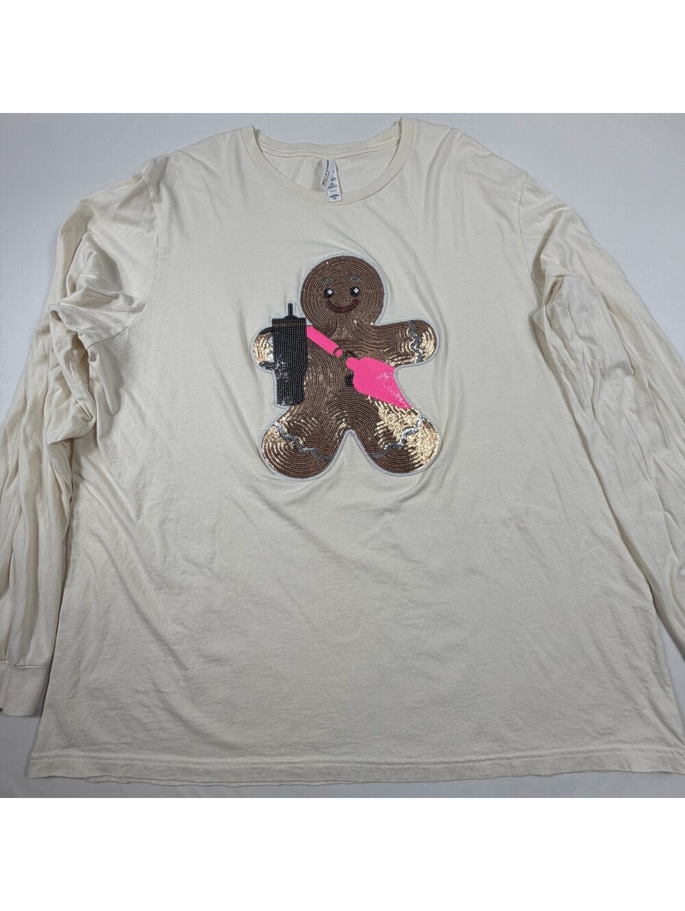 Bella+Canvas 3XL Cream Long Sleeve Shirt with Sequin Gingerbread Man